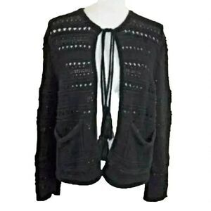ZARA KNIT Womens Open Weave Crochet SWEATER - Size SMALL - Black Tassel …